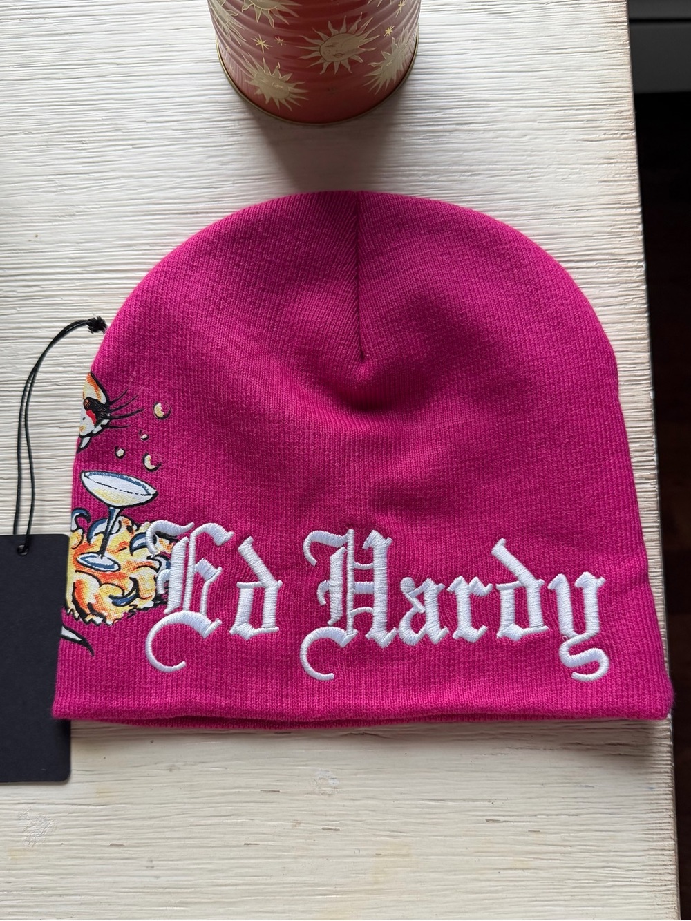 Ed Hardy Pink Embroidered Beanie Hat